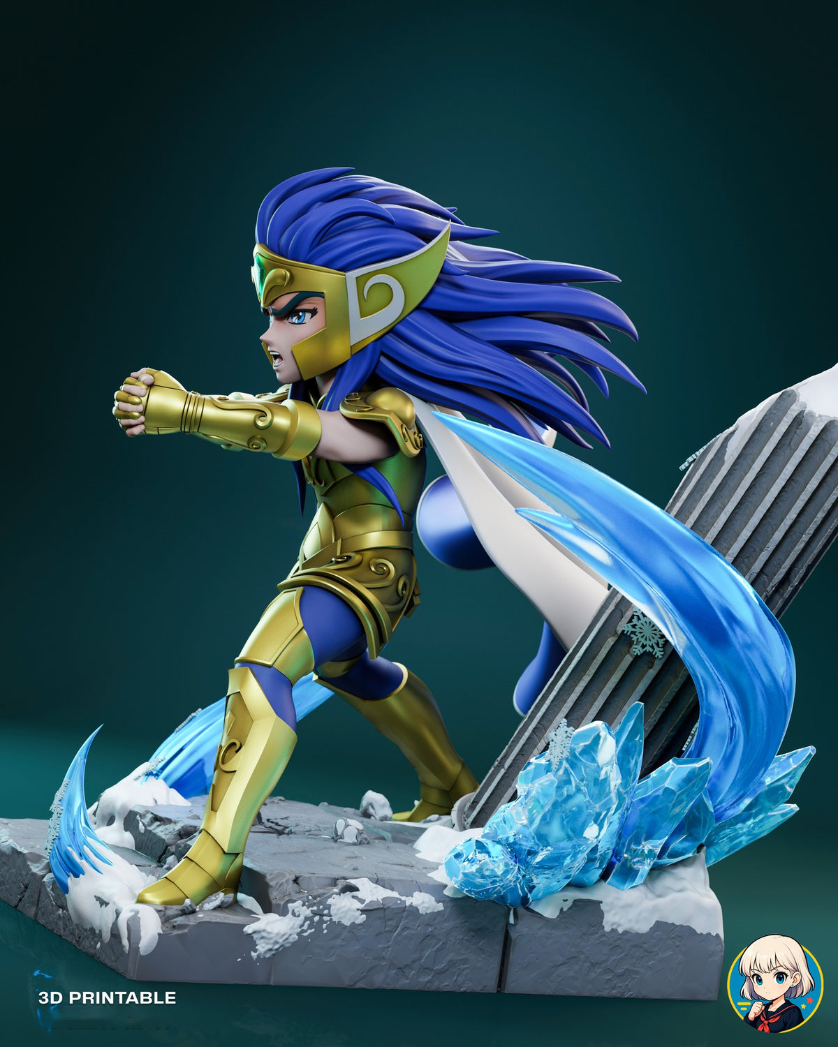 Sculptor's render (kit ships unpainted): side view from his left, with the long hair streaming back and the ice wave sweeping behind him
