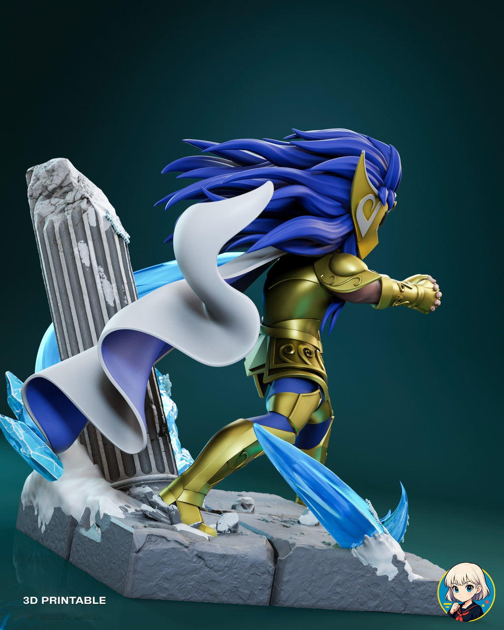 Sculptor's render (kit ships unpainted): rear three-quarter view with the white outer face of the cape twisting beside the column