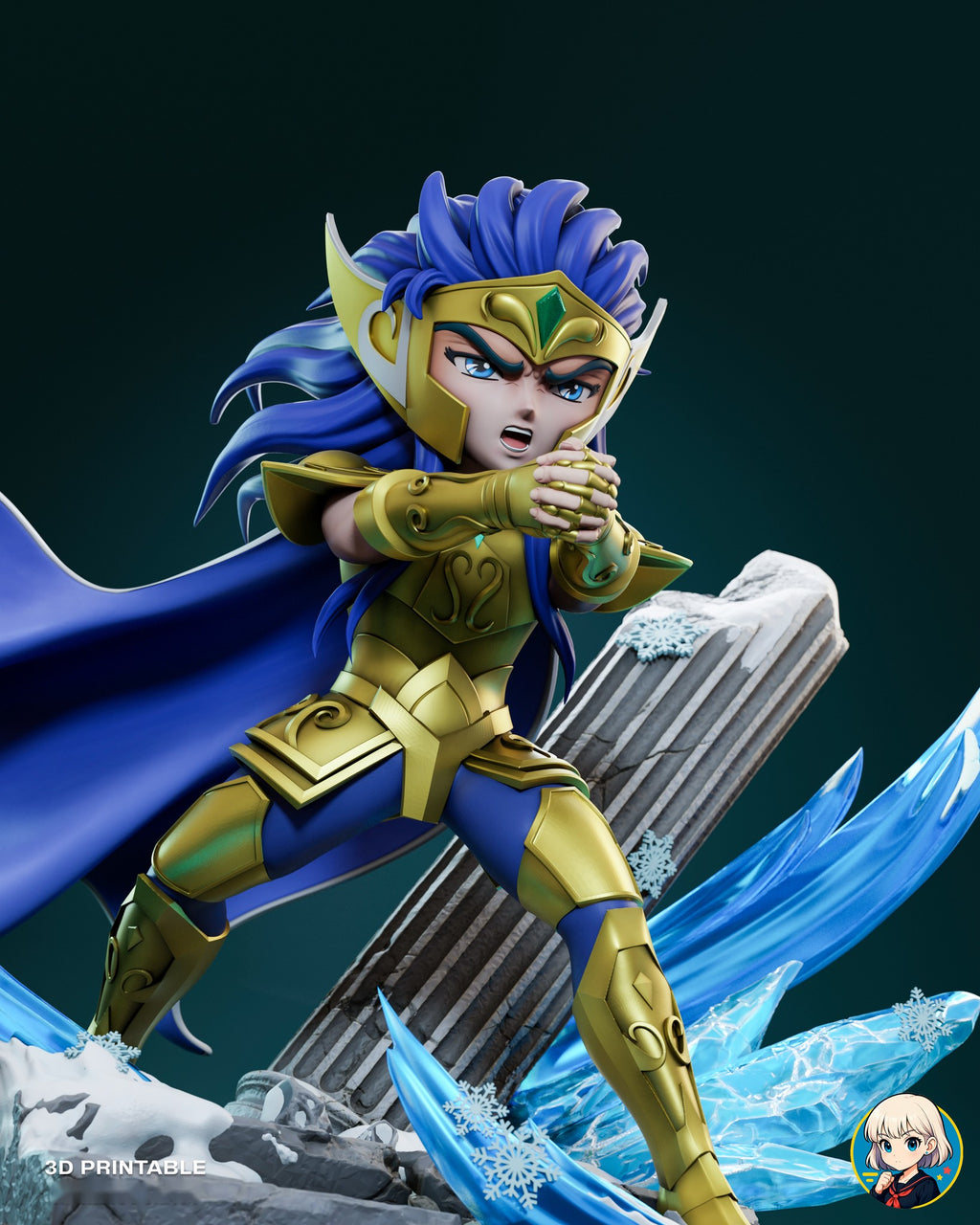 Sculptor's render (kit ships unpainted): low close view of the armor, the breastplate emblem and the snow-capped column
