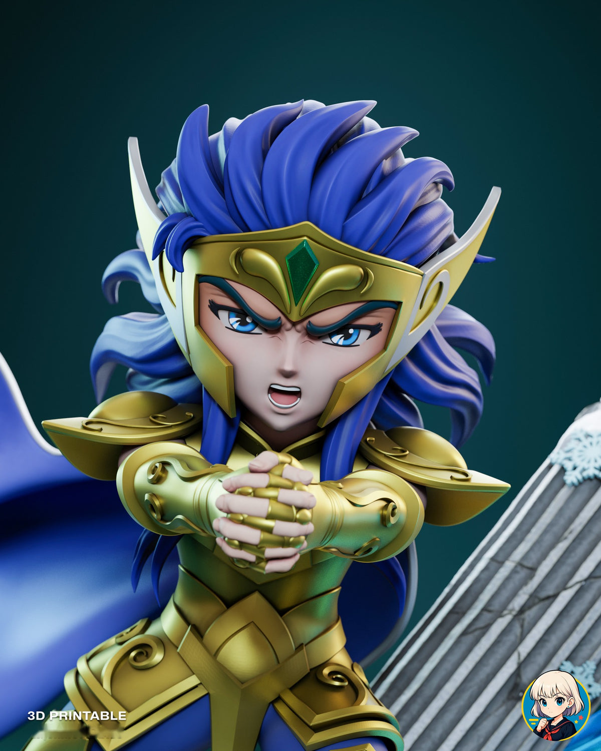 Sculptor's render (kit ships unpainted): close-up of the shouting face under the gold helmet with its green gem, hands clasped in front