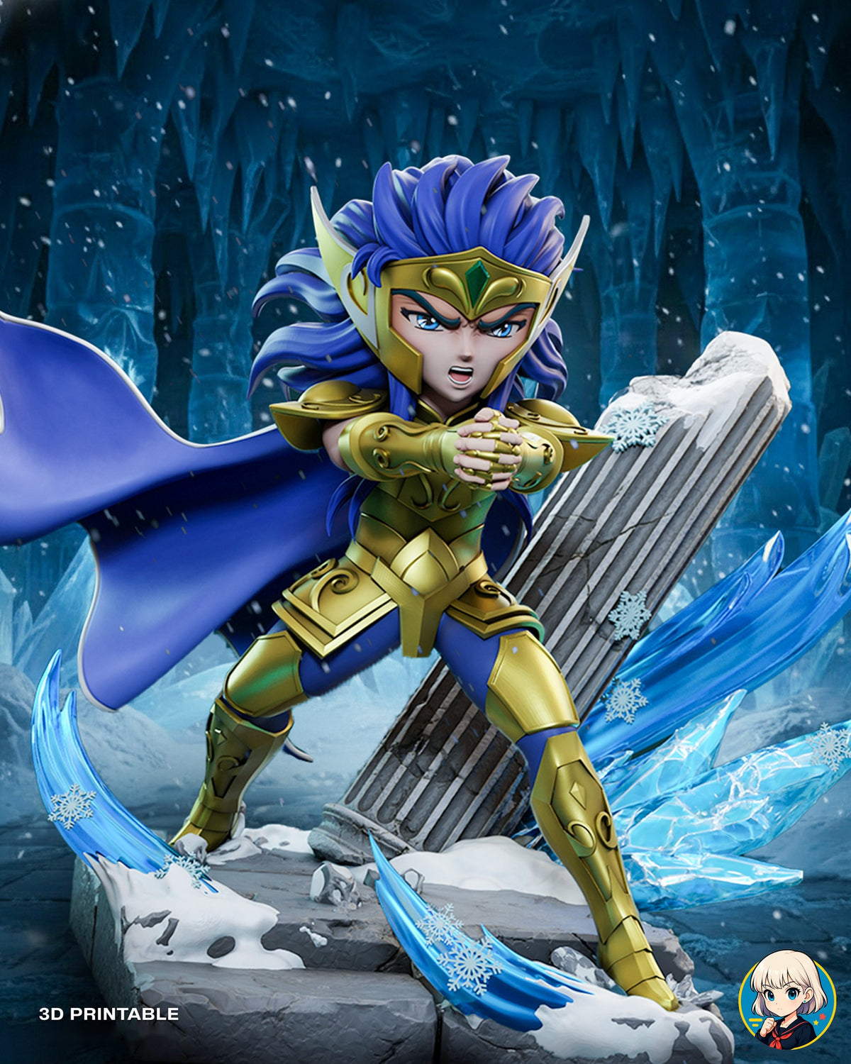 Sculptor's render (kit ships unpainted): front view of the scene set in an ice cave backdrop with falling snow (backdrop not included)