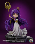 Sculptor's render of the painted design (kit ships unpainted): front view of the whole figure raising the gold staff with the winged-bird ring, long violet hair blowing to both sides, on the dark stone base