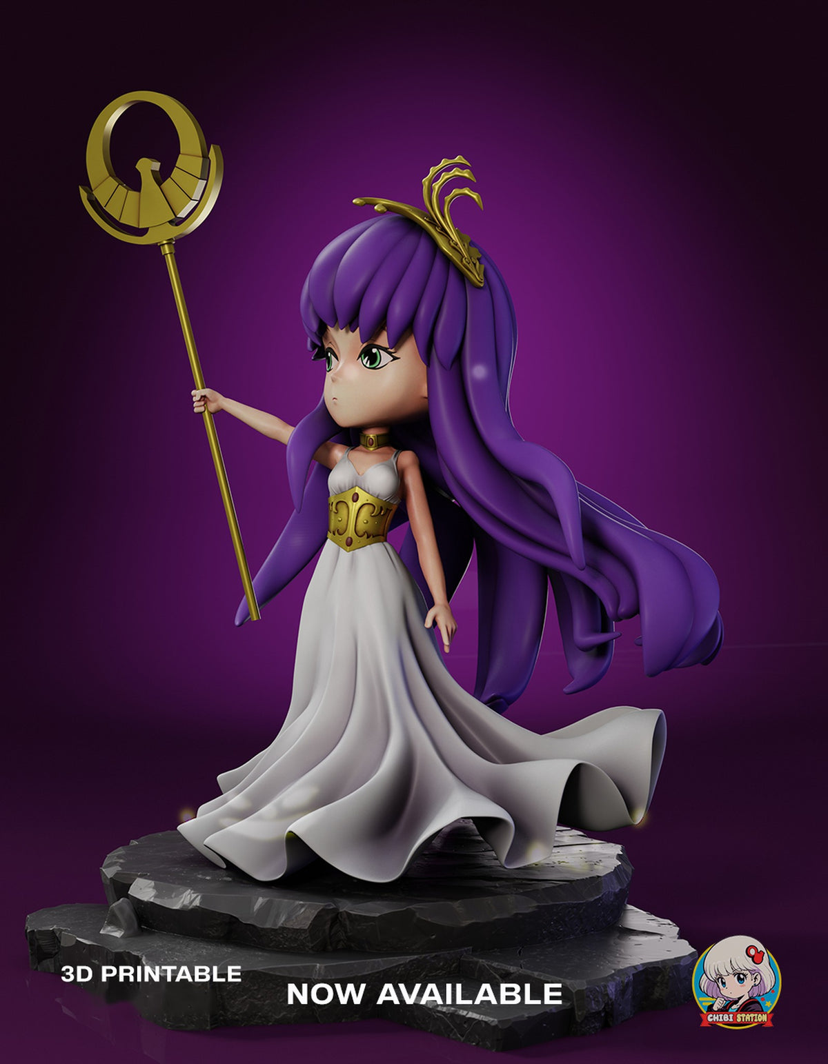 Sculptor's render (kit ships unpainted): three-quarter view from her left, with the hair and the gown's hem streaming out behind her and the lower stone slab