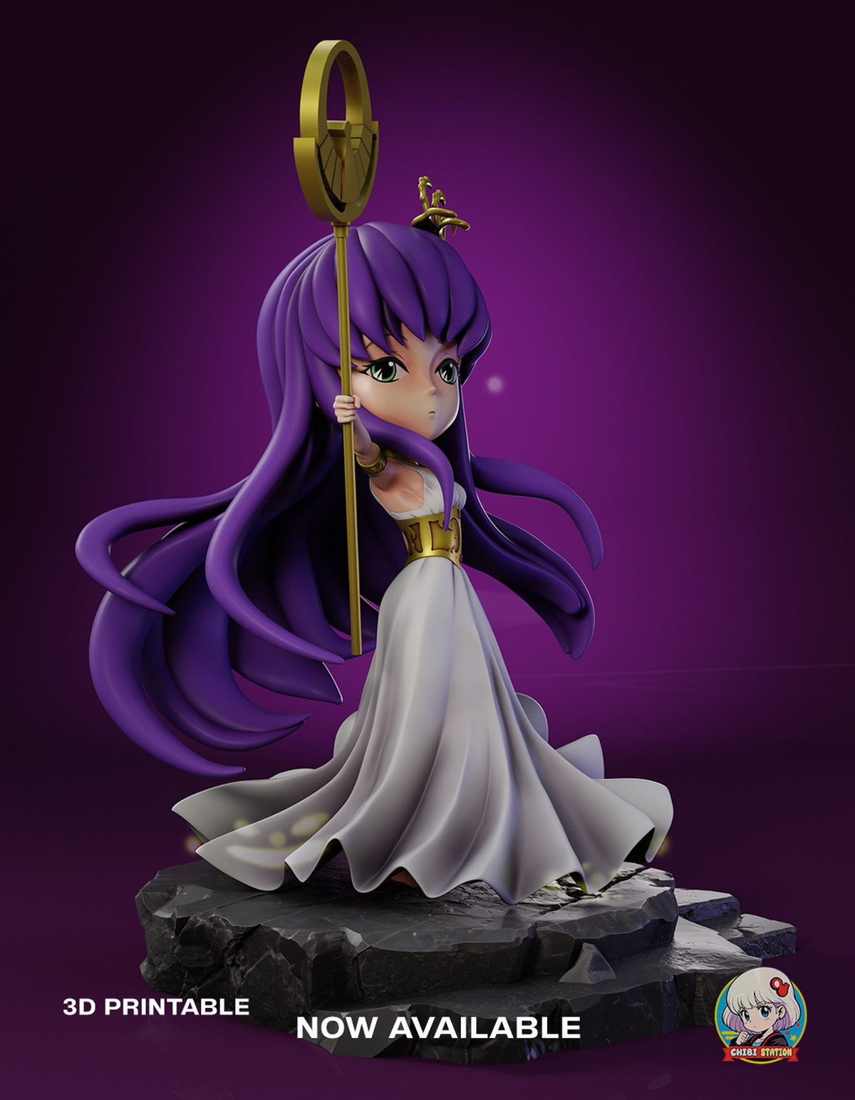 Sculptor's render (kit ships unpainted): three-quarter view from her right, holding the staff upright in front of her