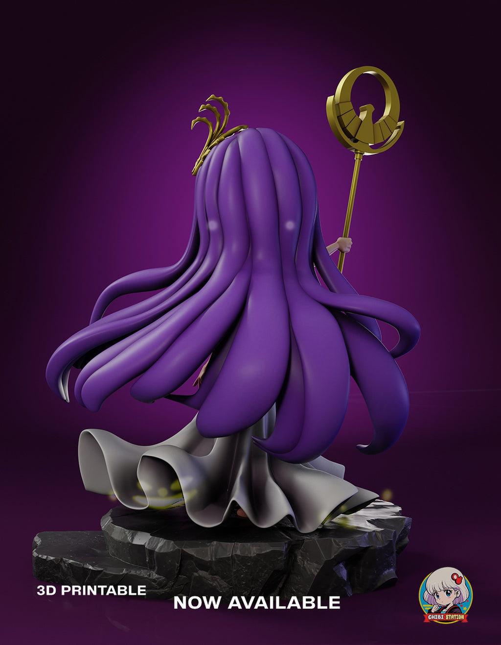 Sculptor's render (kit ships unpainted): back view with the long violet hair falling over the flared gown