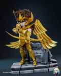 Sculptor's render of the painted design (kit ships unpainted): front three-quarter view of the whole scene, the winged archer in gold armor drawing a bow on the stone floor in front of the ruined wall and columns
