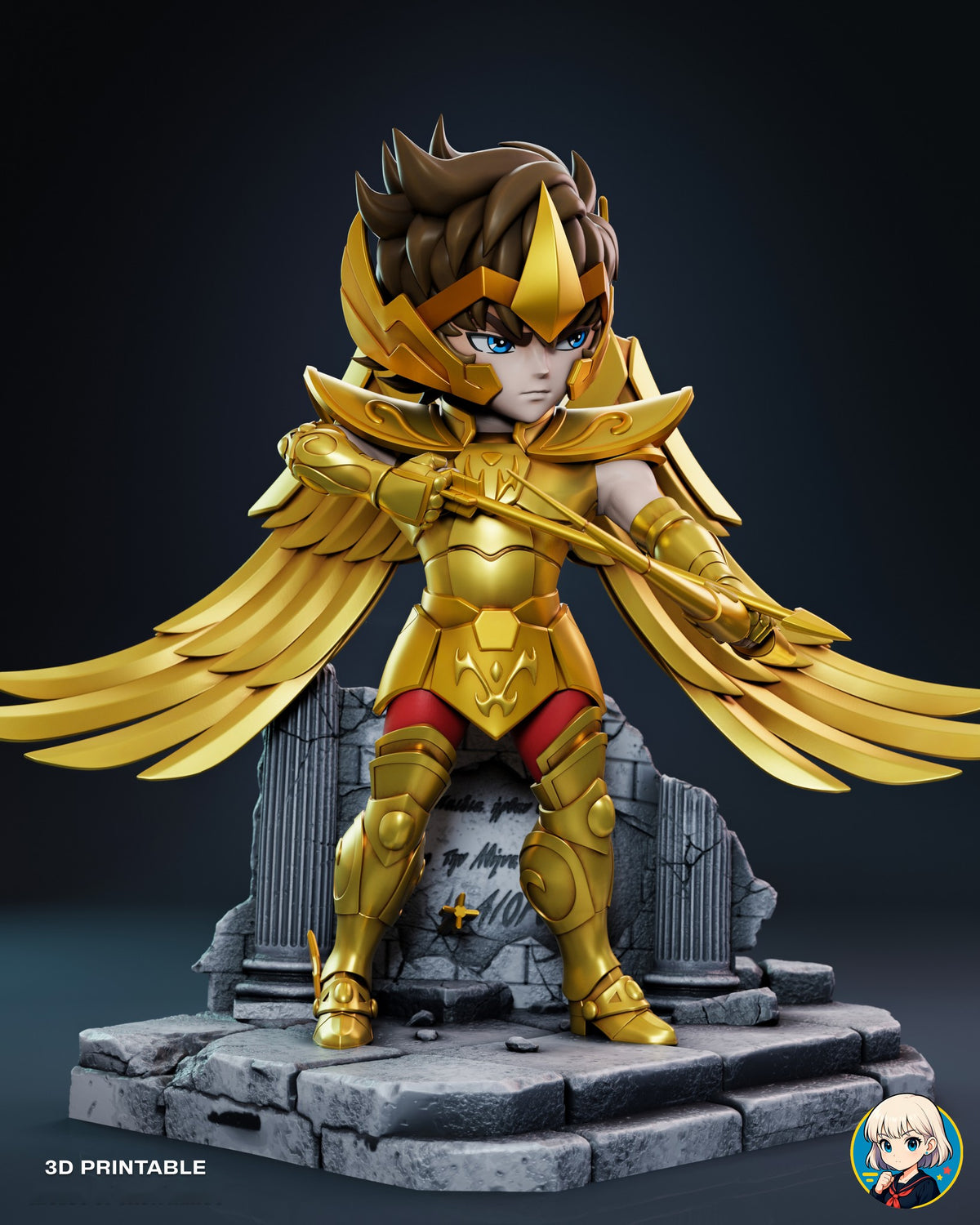 Sculptor's render (kit ships unpainted): straight-on front view with both gold wings spread wide and the bow turned edge-on