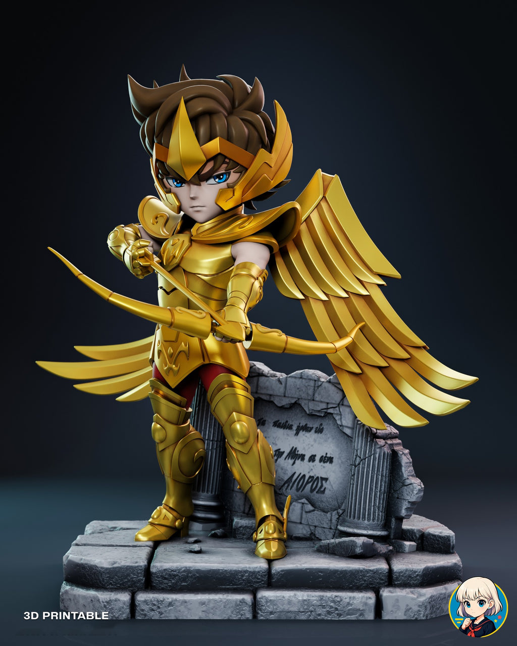 Sculptor's render (kit ships unpainted): front view from a little lower, with the carved tablet on the wall behind him and both heel winglets