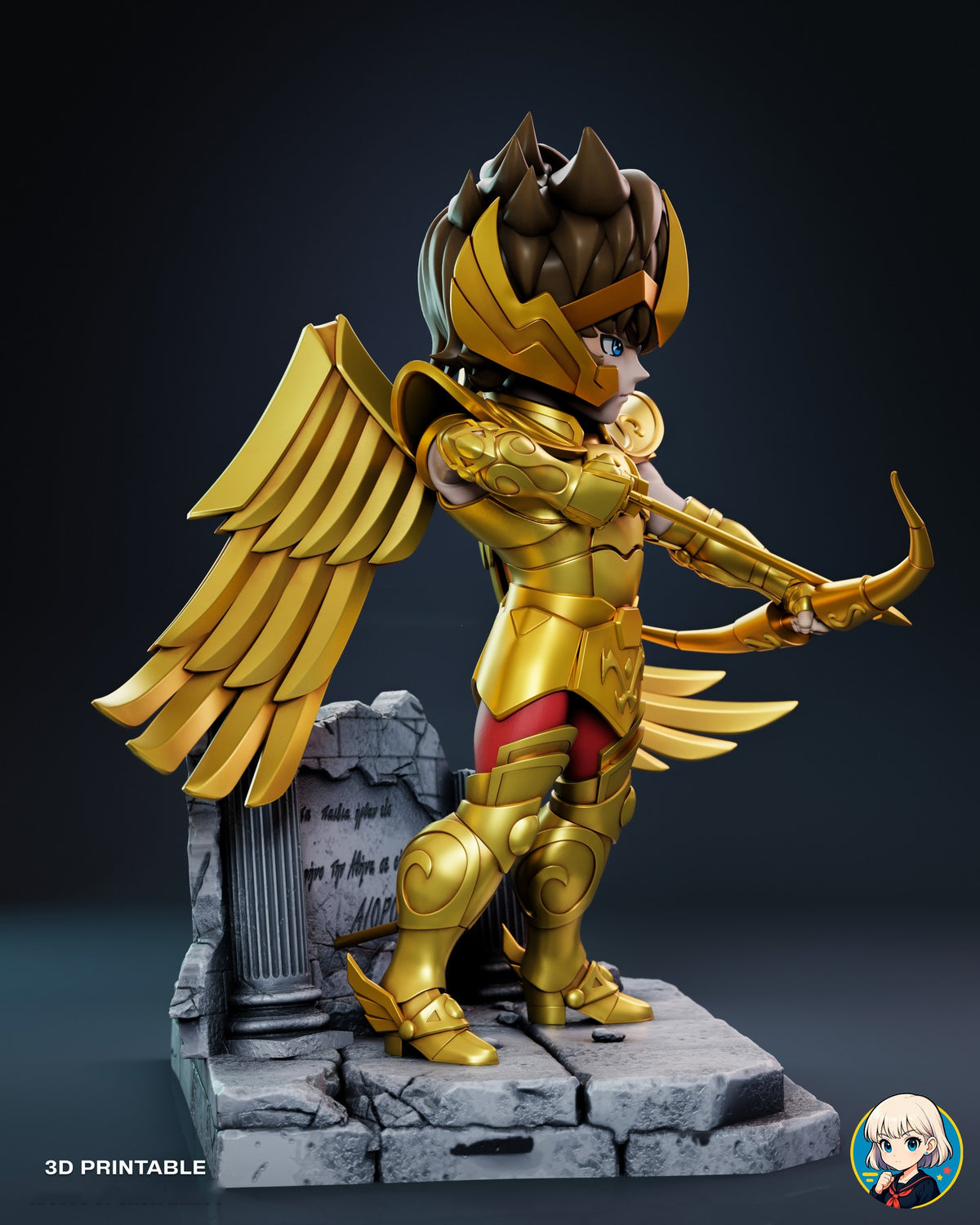 Sculptor's render (kit ships unpainted): side profile with the bow pushed forward, the drawing arm pulled back and the spiral relief on the knee guards