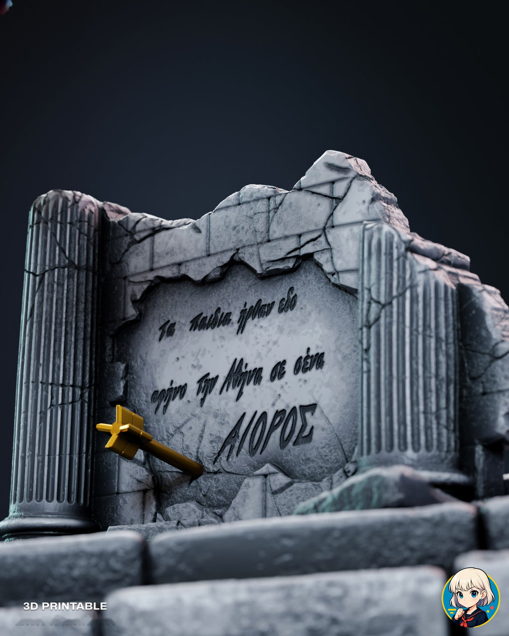 Sculptor's render (kit ships unpainted): close-up of the ruined wall alone, with its fluted columns, carved tablet and the small gold arrow lodged in the stone