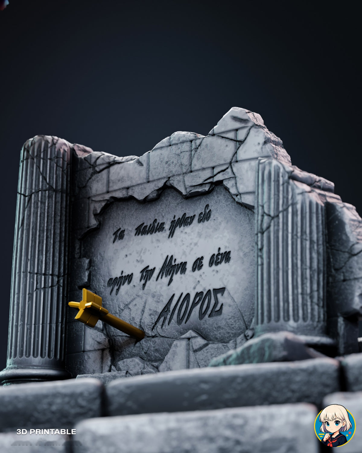 Sculptor's render (kit ships unpainted): close-up of the ruined wall alone, with its fluted columns, carved tablet and the small gold arrow lodged in the stone