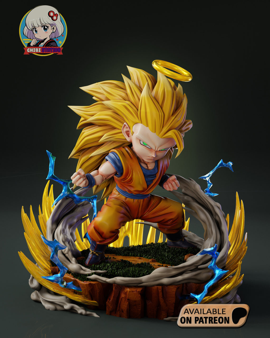 Sculptor's render of the painted design (kit ships unpainted): front view of the whole scene, the golden-haired fighter in a wide stance inside a ring of gray dust, yellow aura blades and blue lightning, a gold halo above his head