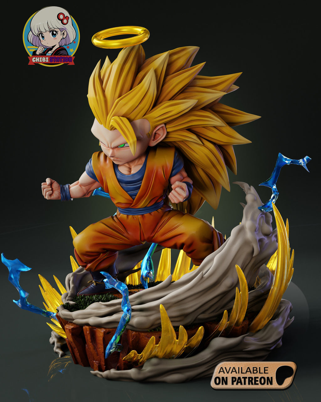 Sculptor's render (kit ships unpainted): three-quarter view from his left front, the dust sweeping up beside him with aura blades along it