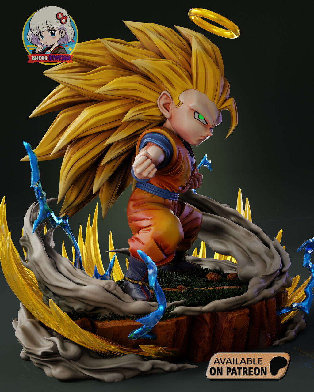 Sculptor's render (kit ships unpainted): side view from his right, the long golden mane trailing behind him and the layered cliff faces of the rock