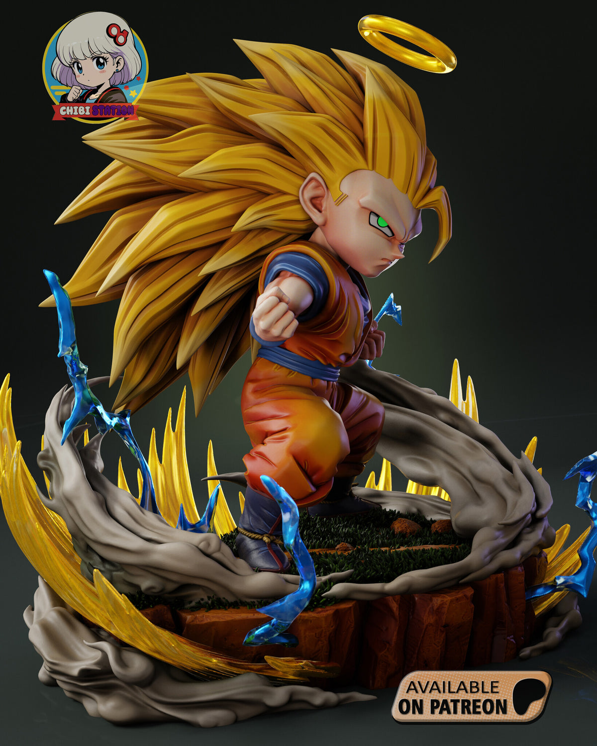 Sculptor's render (kit ships unpainted): side view from his right, the long golden mane trailing behind him and the layered cliff faces of the rock
