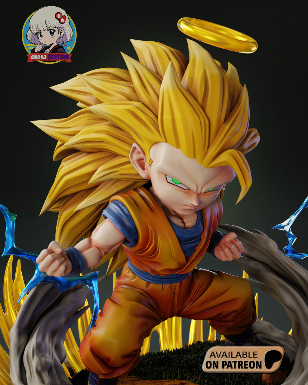 Sculptor's render (kit ships unpainted): closer front view of the spiky golden hair and the clenched right fist with a blue wristband