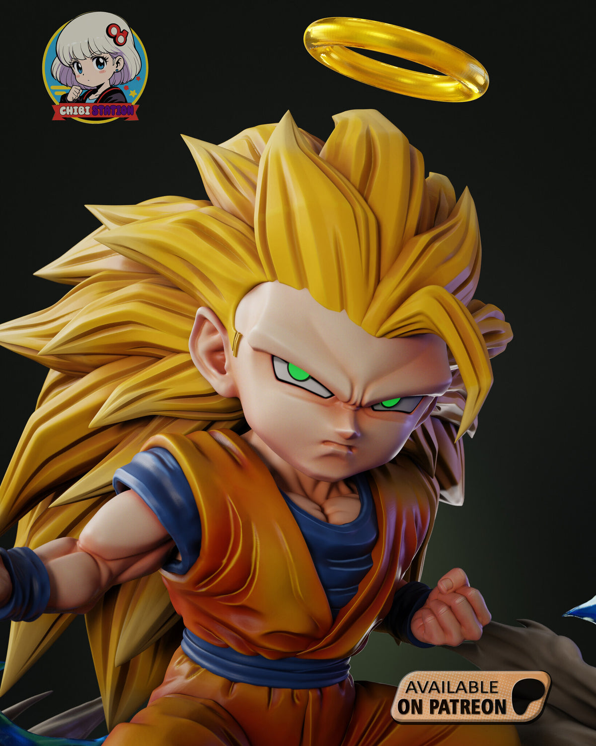 Sculptor's render (kit ships unpainted): head-on close-up of the face, green eyes and a frown under the floating gold halo