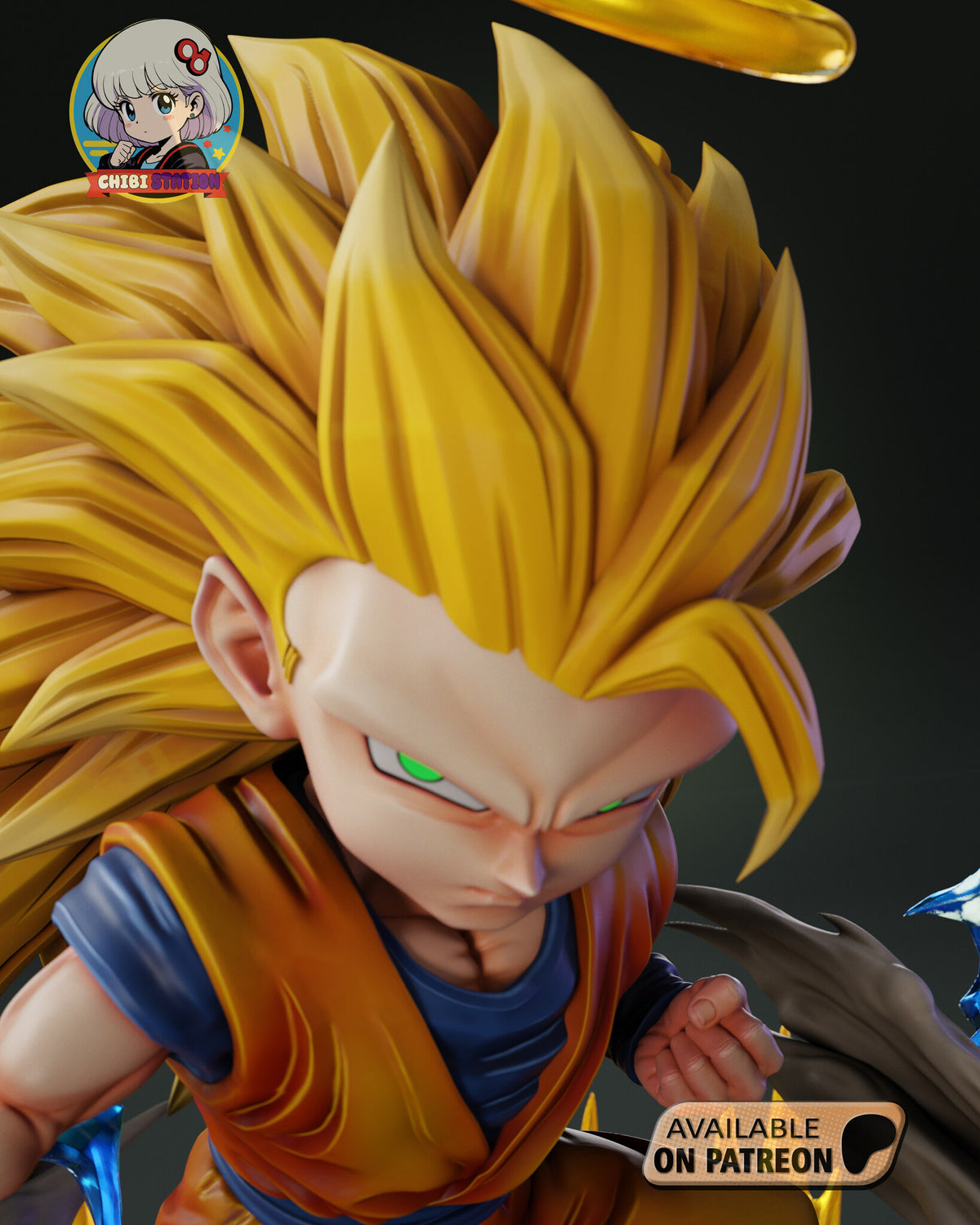 Sculptor's render (kit ships unpainted): close-up looking down on the scowling face and heavy brow, framed by the golden hair