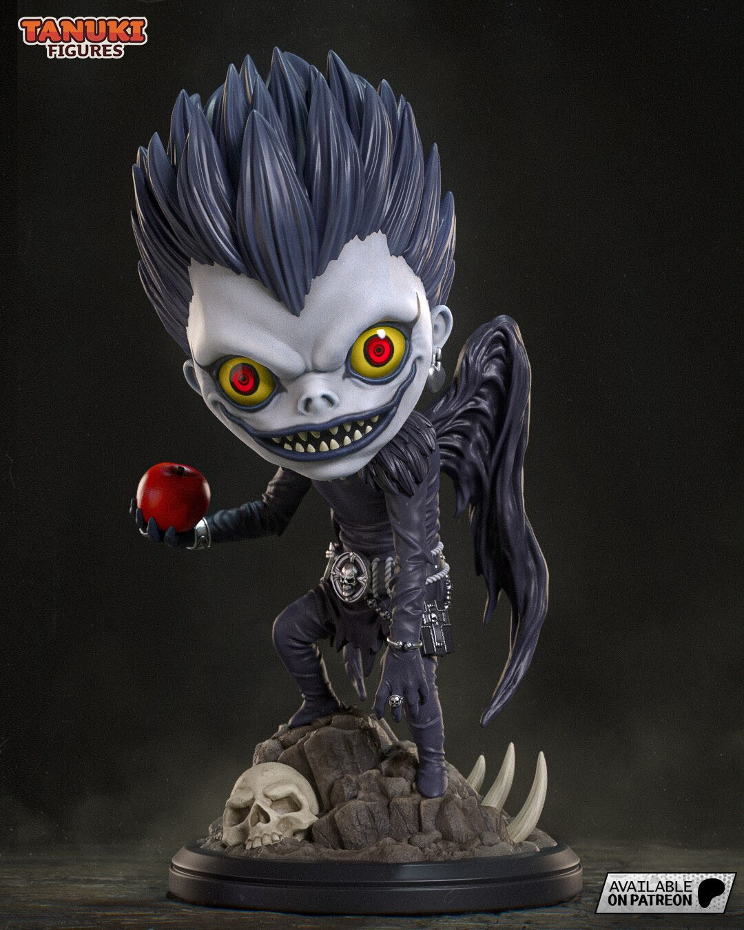 Sculptor's render of the painted design (kit ships unpainted): front view of the chibi winged reaper with spiked hair and a wide grin, holding out a red apple on the rock pile base