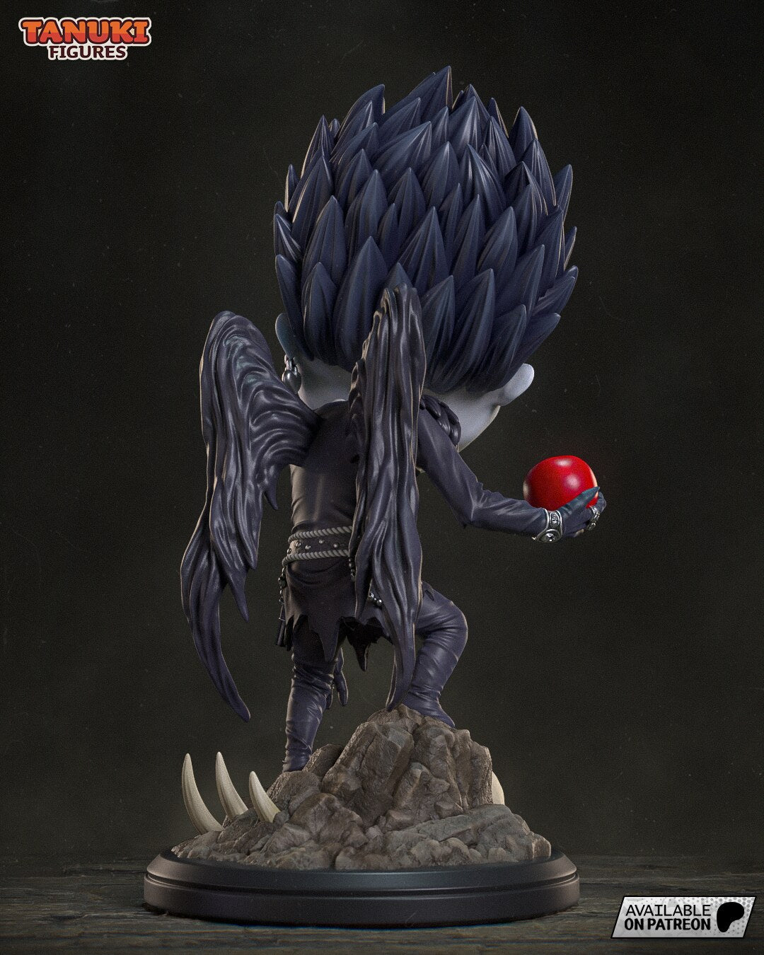 Sculptor's render (kit ships unpainted): rear view of the layered hair spikes, the two ragged wings and the bone spikes on the base