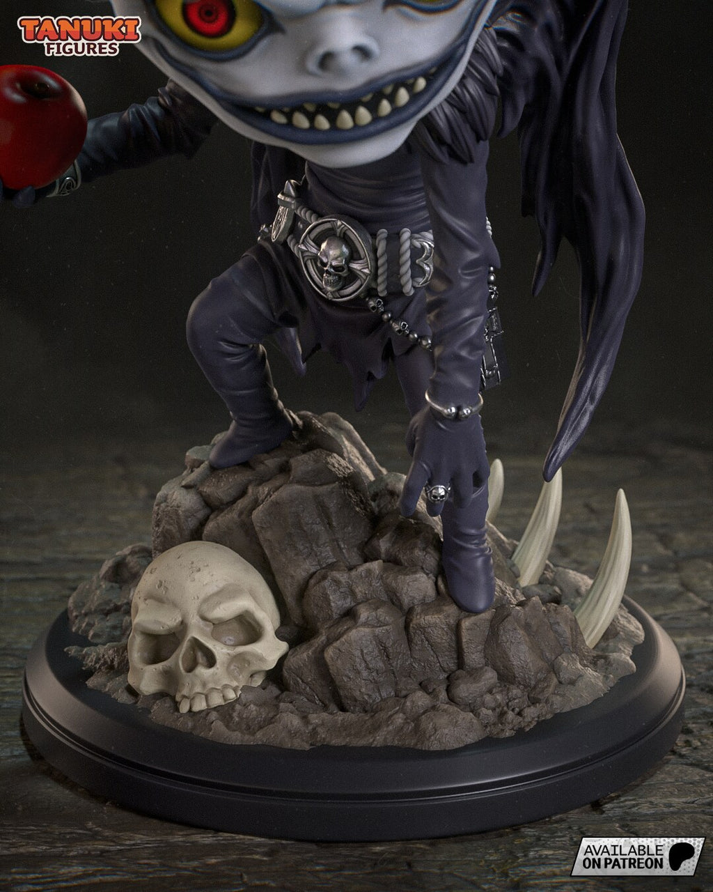 Sculptor's render (kit ships unpainted): low close-up of the studded belt, the boots on the rocks, the half-buried skull and the curved bone spikes
