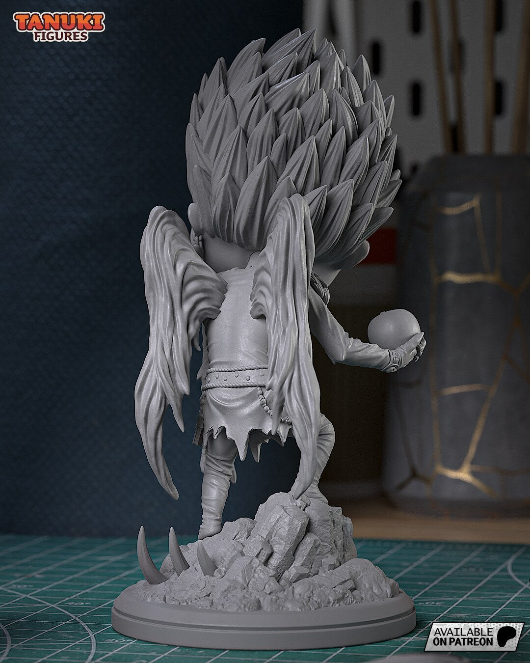 Studio photo of an unpainted gray test print, rear view