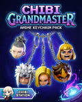 Sculptor's render of the painted design (kit ships unpainted, hardware not included): all five chibi head charms hanging on chains under the studio's pack title card