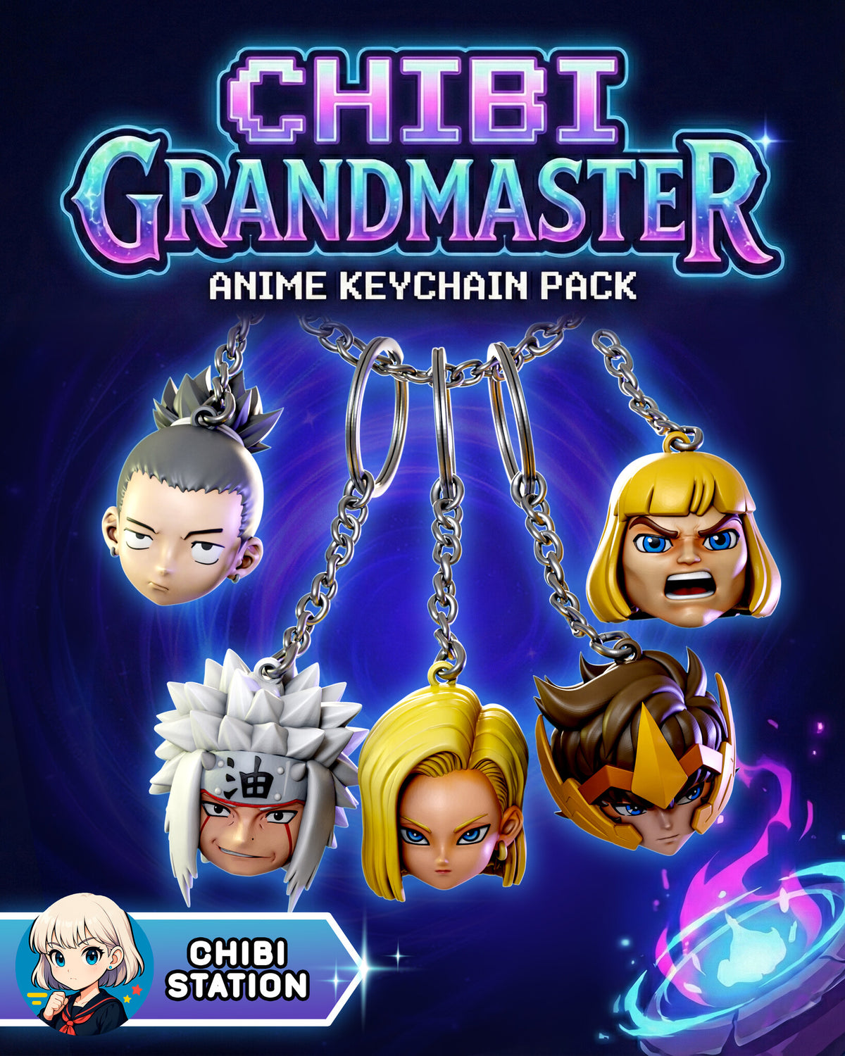 Sculptor's render of the painted design (kit ships unpainted, hardware not included): all five chibi head charms hanging on chains under the studio's pack title card