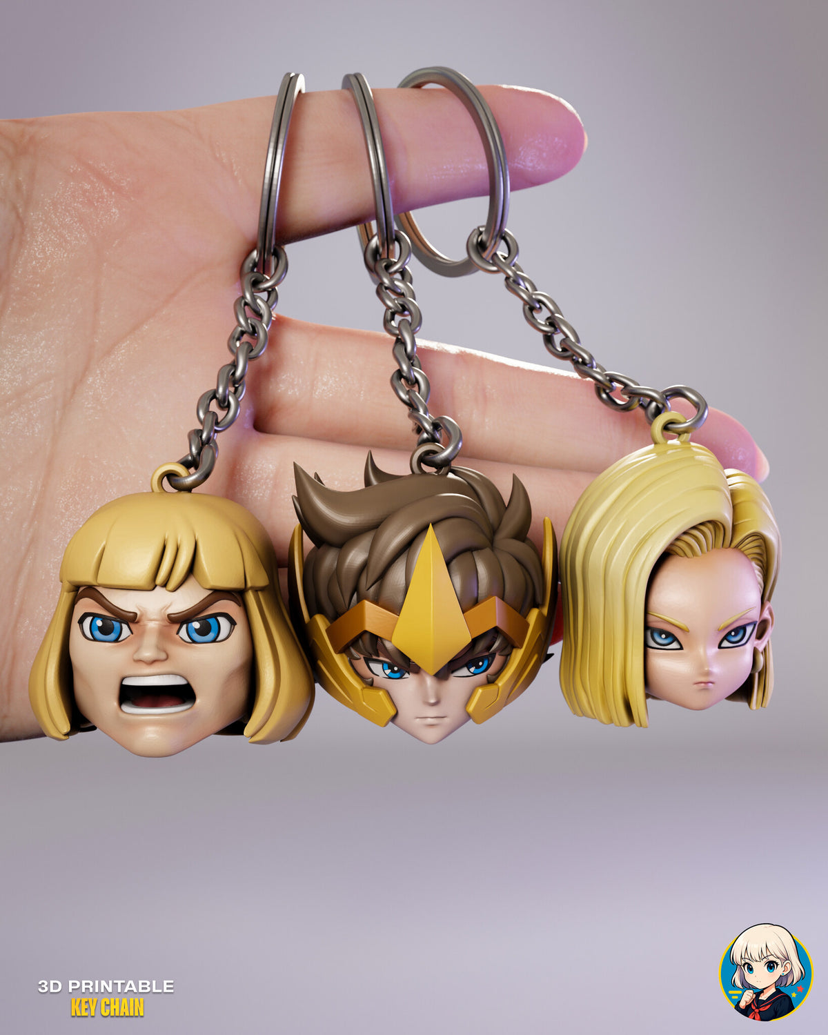 Sculptor's render (kit ships unpainted, rings and chains not included): a hand holding the shouting barbarian, the gold helmet archer and the blonde bob