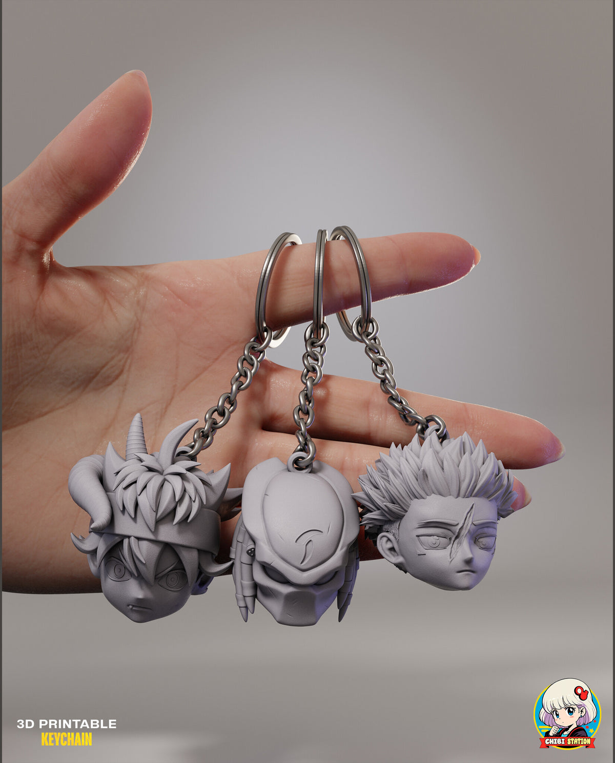 Sculptor's render of the painted design (kit ships unpainted, hardware not included): a hand holding the three-horned headband fighter, the masked hunter and the scarred spiky crown on key rings