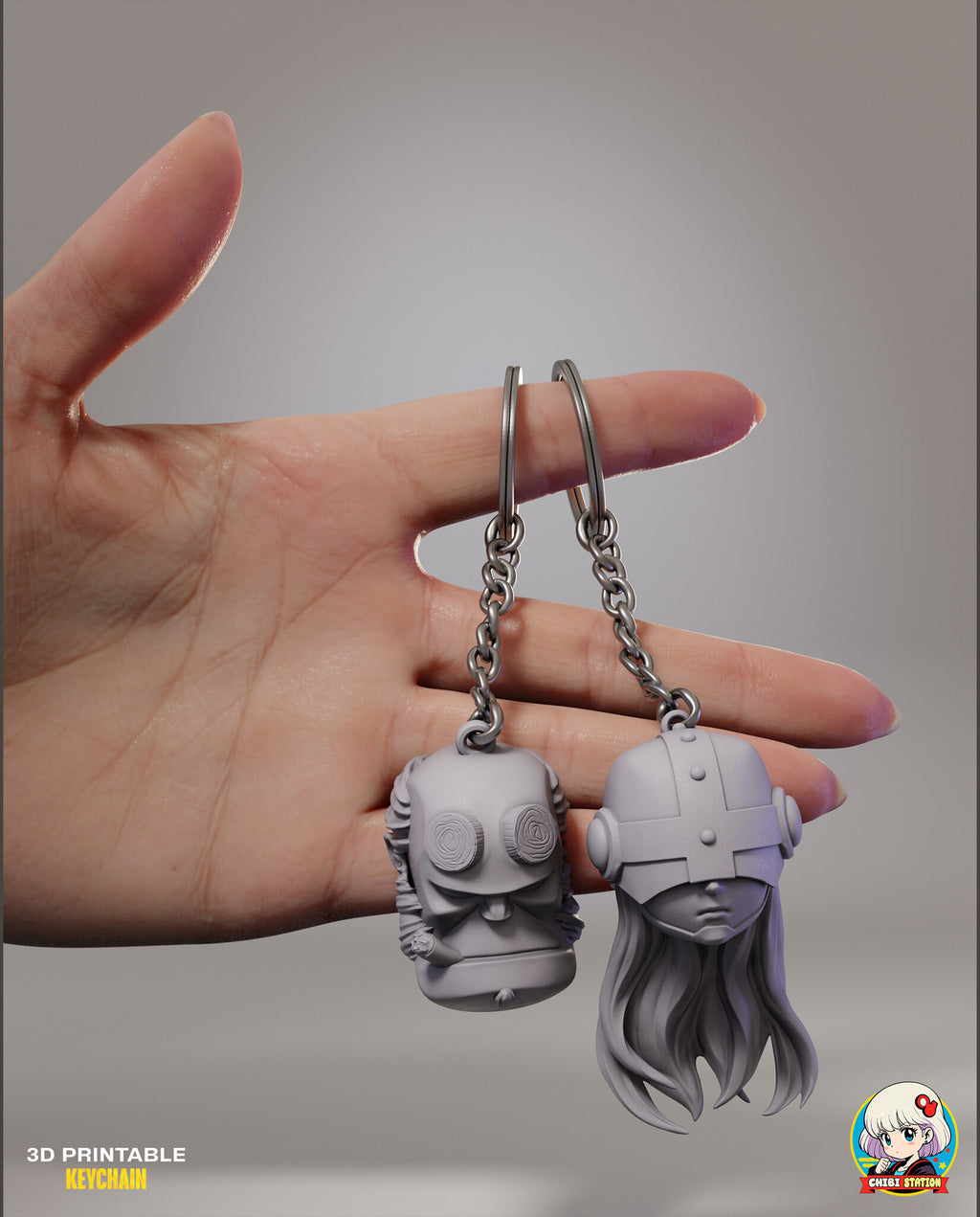 Sculptor's render (kit ships unpainted, rings and chains not included): a hand holding the horn-stump head with its cigar and the visored angel helmet with long hair