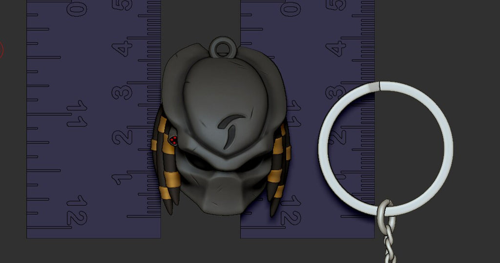 Sculptor's render (kit ships unpainted, hardware not included): the masked hunter painted dark gray with gold-banded dreadlocks, shown between two rulers next to a split ring