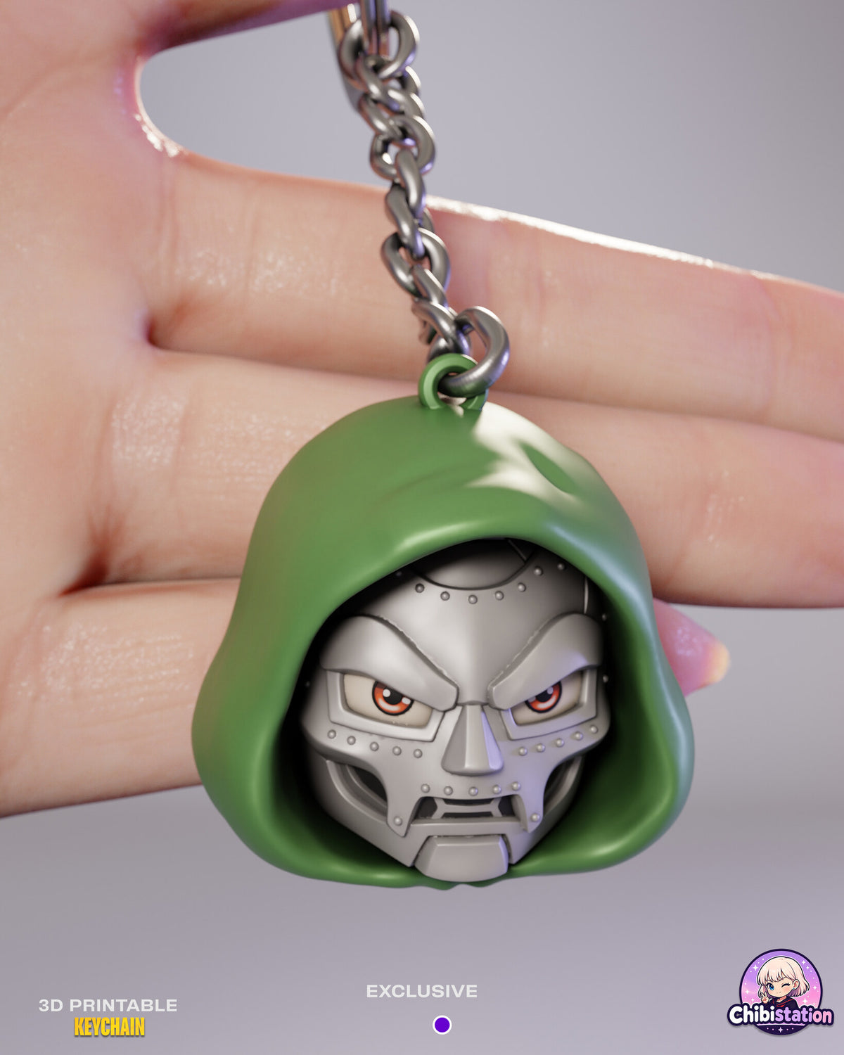 Sculptor's render of the painted design (kit ships unpainted, hardware not included): the iron mask in a green hood hanging from a chain over a hand