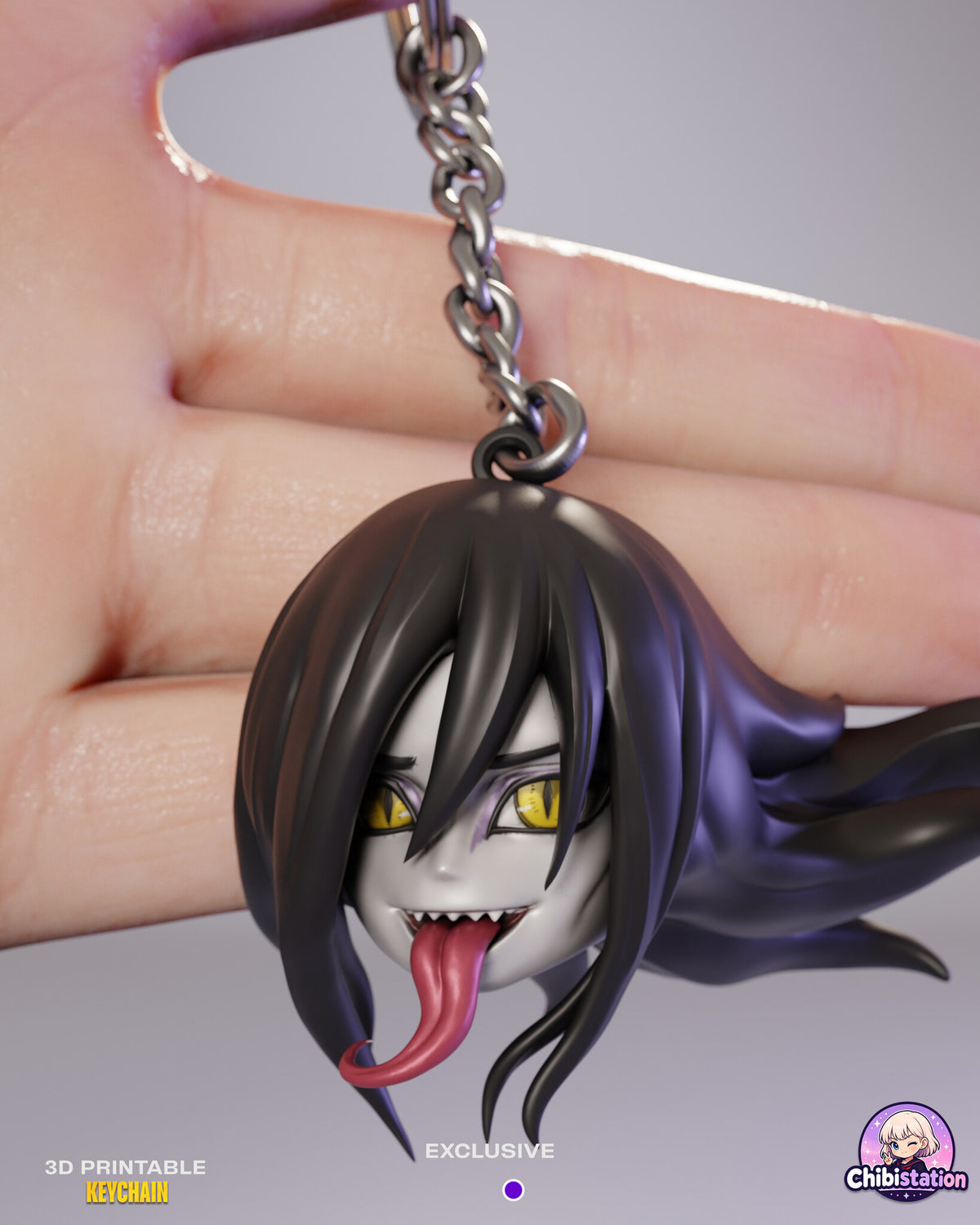 Sculptor's render (kit ships unpainted, rings and chains not included): the snake-eyed sorcerer with long black hair and his tongue hanging out
