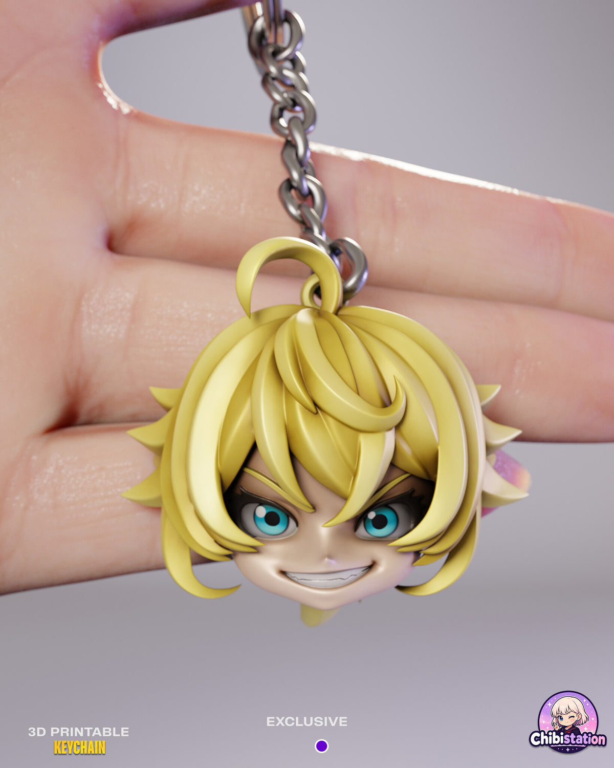 Sculptor's render (kit ships unpainted, rings and chains not included): the blonde grinner with a hair loop over the hanging loop and a clenched-teeth grin