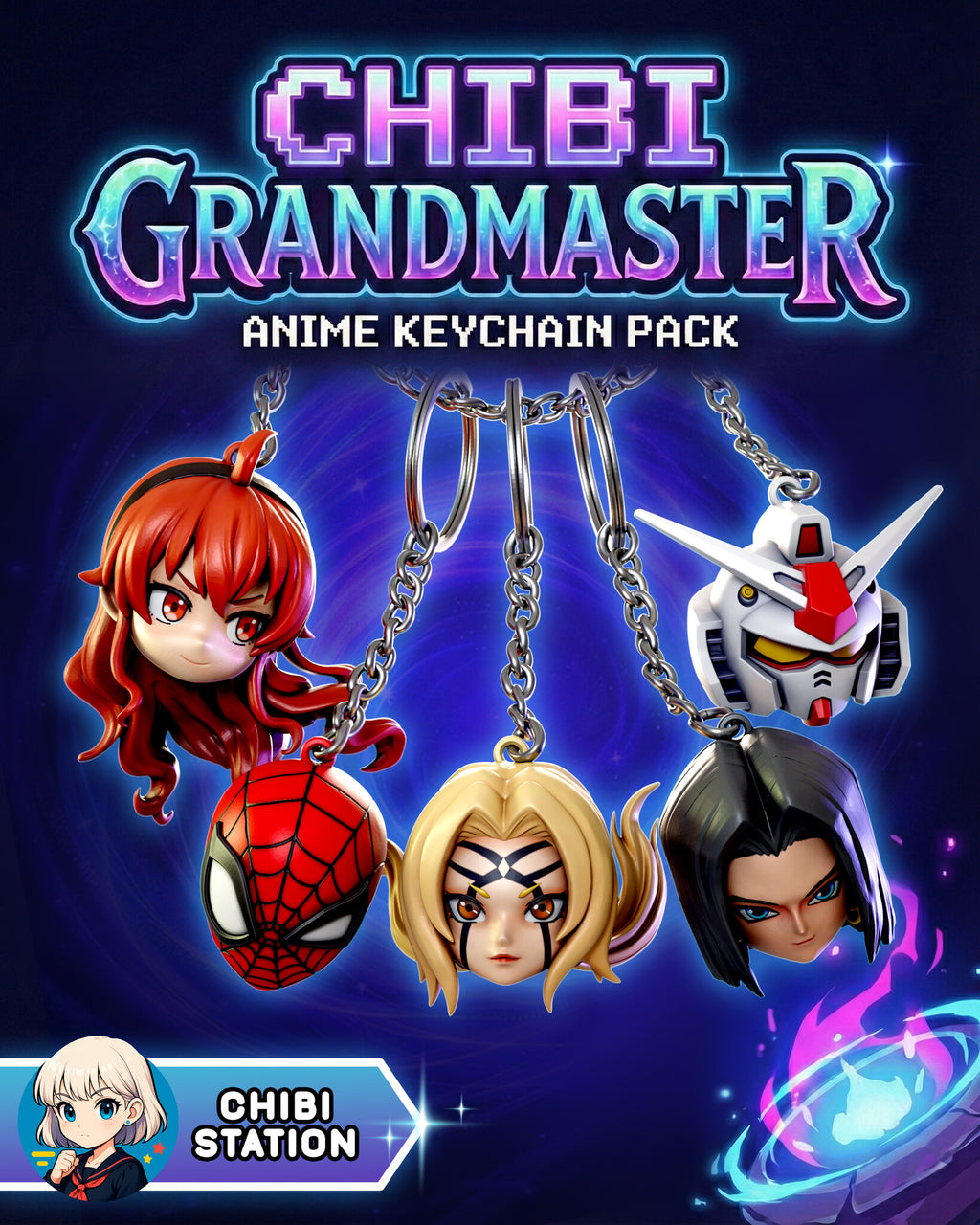 Sculptor's render of the painted design (kit ships unpainted, hardware not included): all five chibi head charms hanging on chains under the studio's pack title card