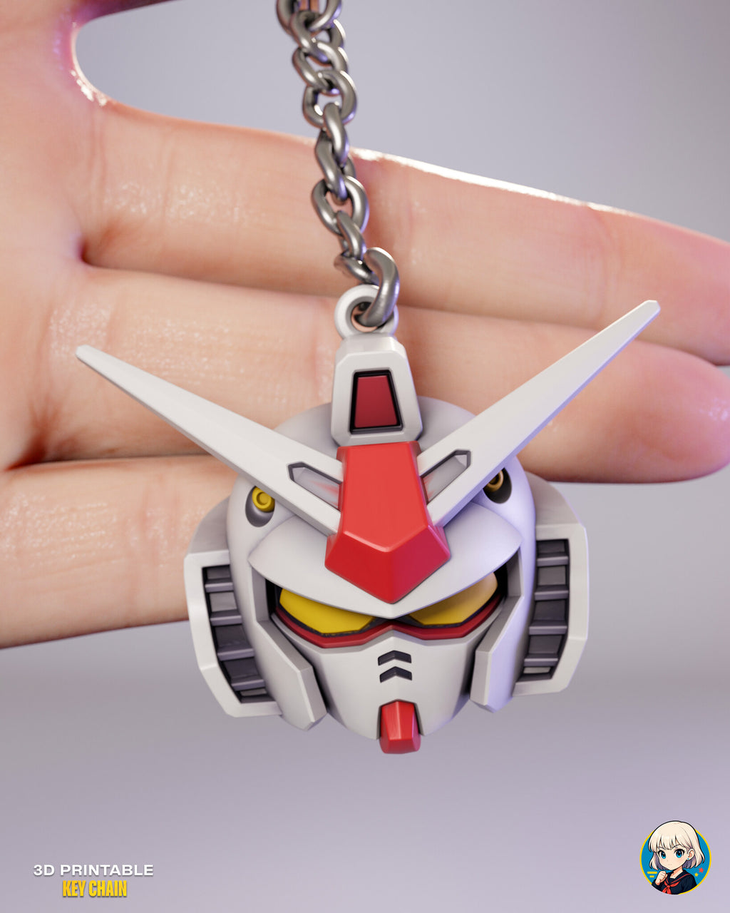 Sculptor's render (kit ships unpainted, chain not included): the mecha robot helmet charm hanging in front of a hand