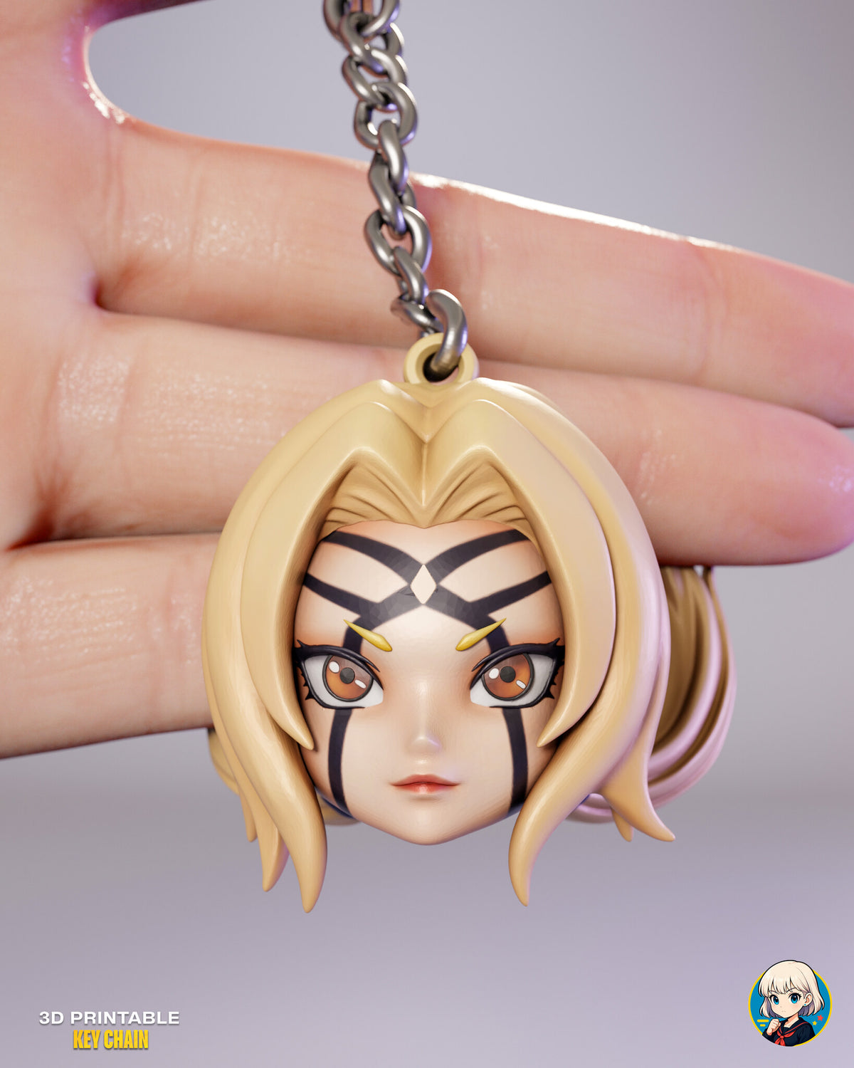 Sculptor's render (kit ships unpainted, chain not included): the marked blonde fighter charm hanging in front of a hand