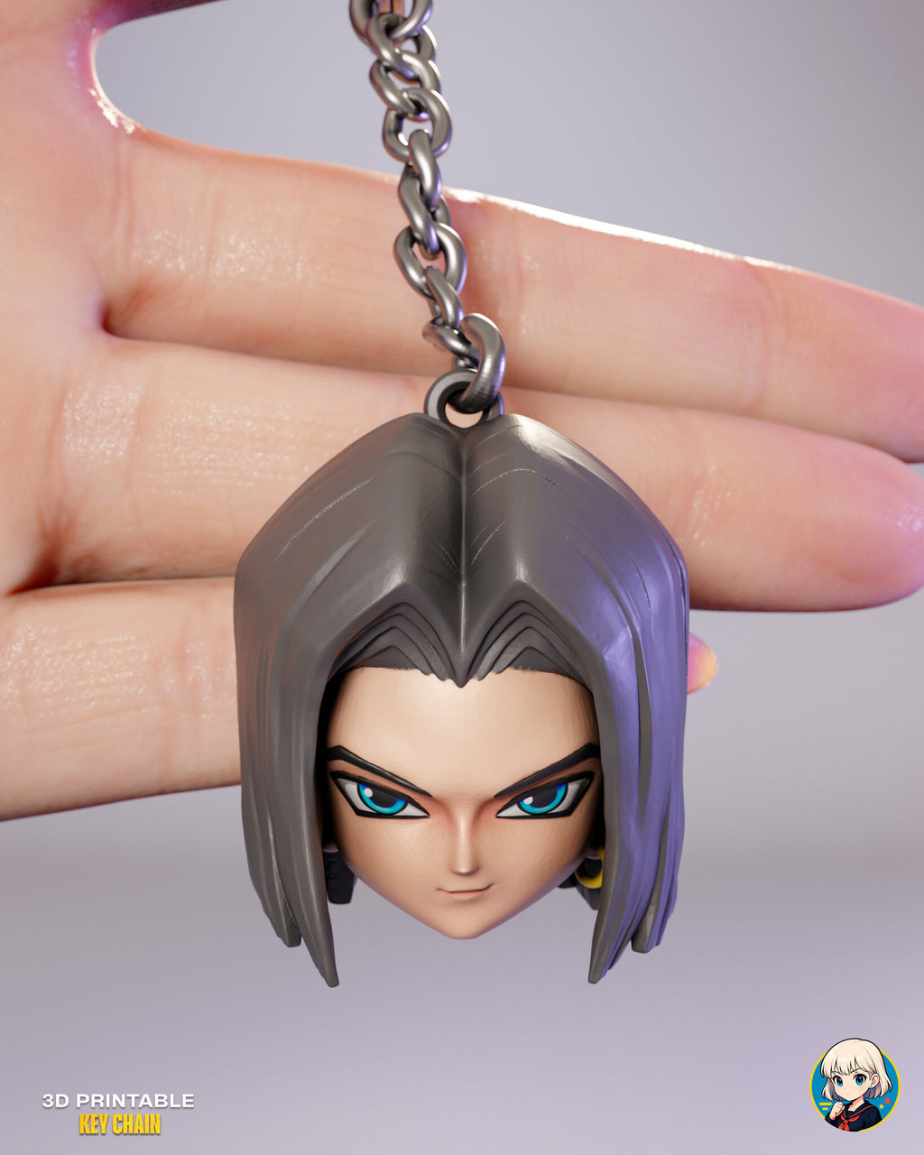 Sculptor's render (kit ships unpainted, chain not included): the straight-haired rebel charm hanging in front of a hand