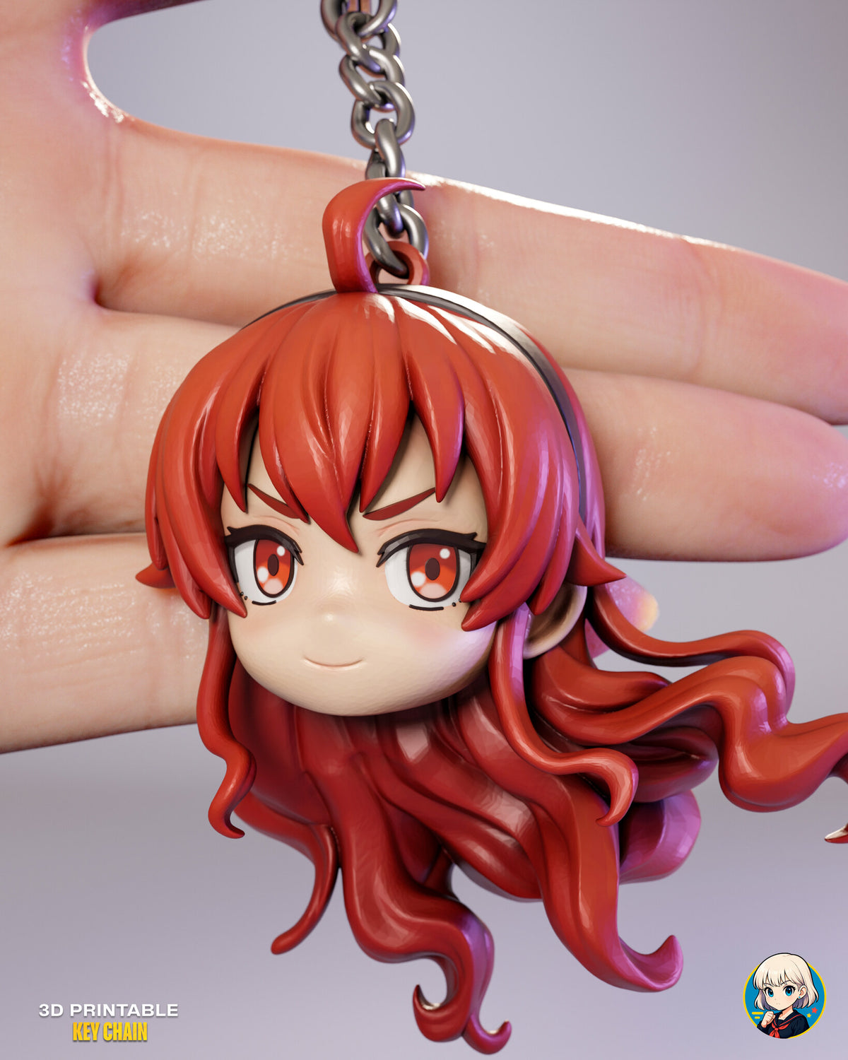 Sculptor's render (kit ships unpainted, chain not included): the wavy red-haired girl charm hanging in front of a hand