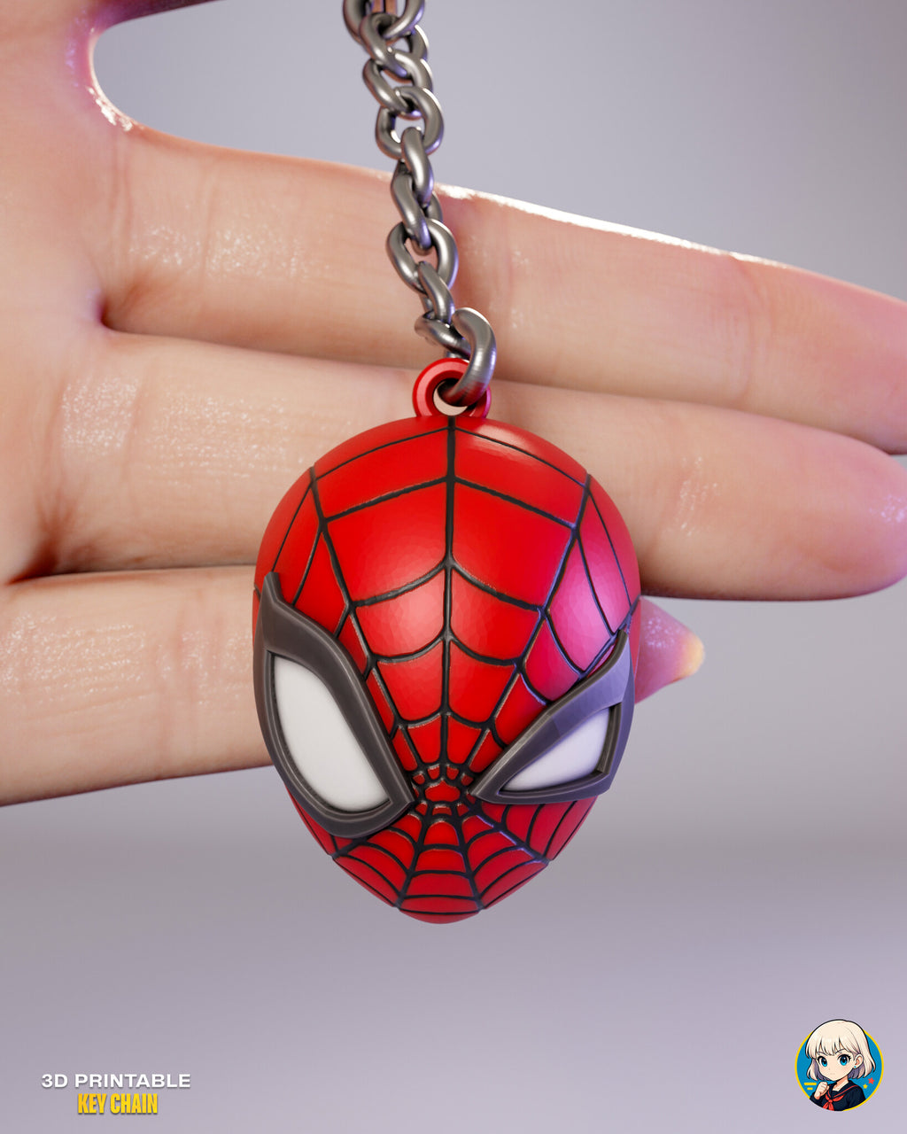 Sculptor's render (kit ships unpainted, chain not included): the web-lined masked hero charm hanging in front of a hand
