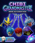 Sculptor's render of the painted design (kit ships unpainted, hardware not included): all five chibi head charms hanging on chains under the studio's pack title card