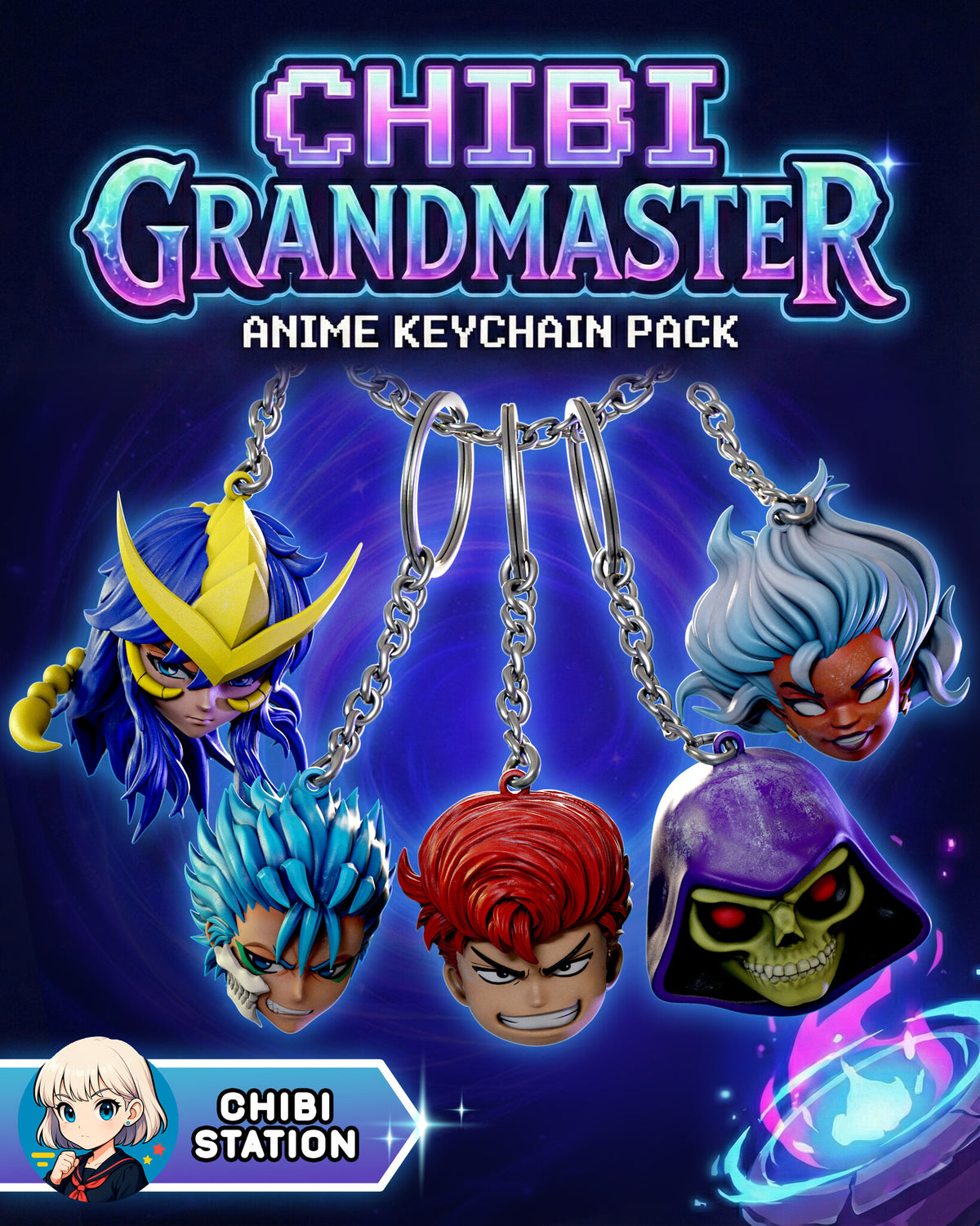 Sculptor's render of the painted design (kit ships unpainted, hardware not included): all five chibi head charms hanging on chains under the studio's pack title card