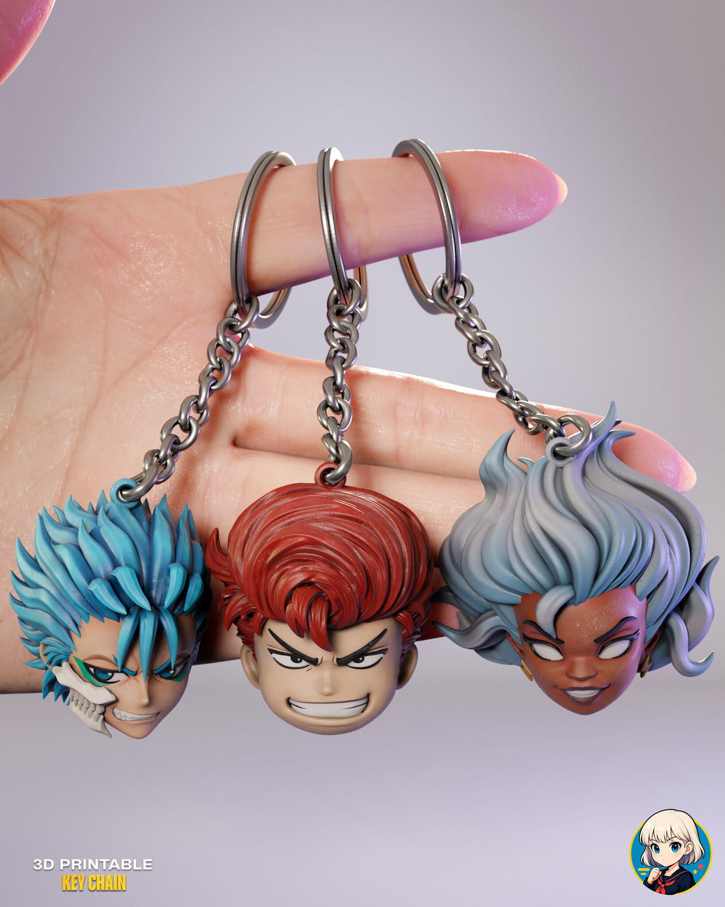 Sculptor's render (kit ships unpainted, rings and chains not included): a hand holding the spiky-haired fighter, the red pompadour grinner and the silver-maned heroine