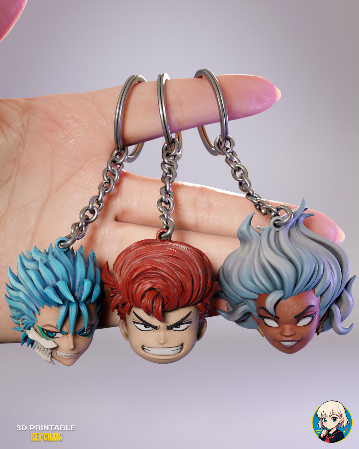 Sculptor's render (kit ships unpainted, rings and chains not included): a hand holding the spiky-haired fighter, the red pompadour grinner and the silver-maned heroine