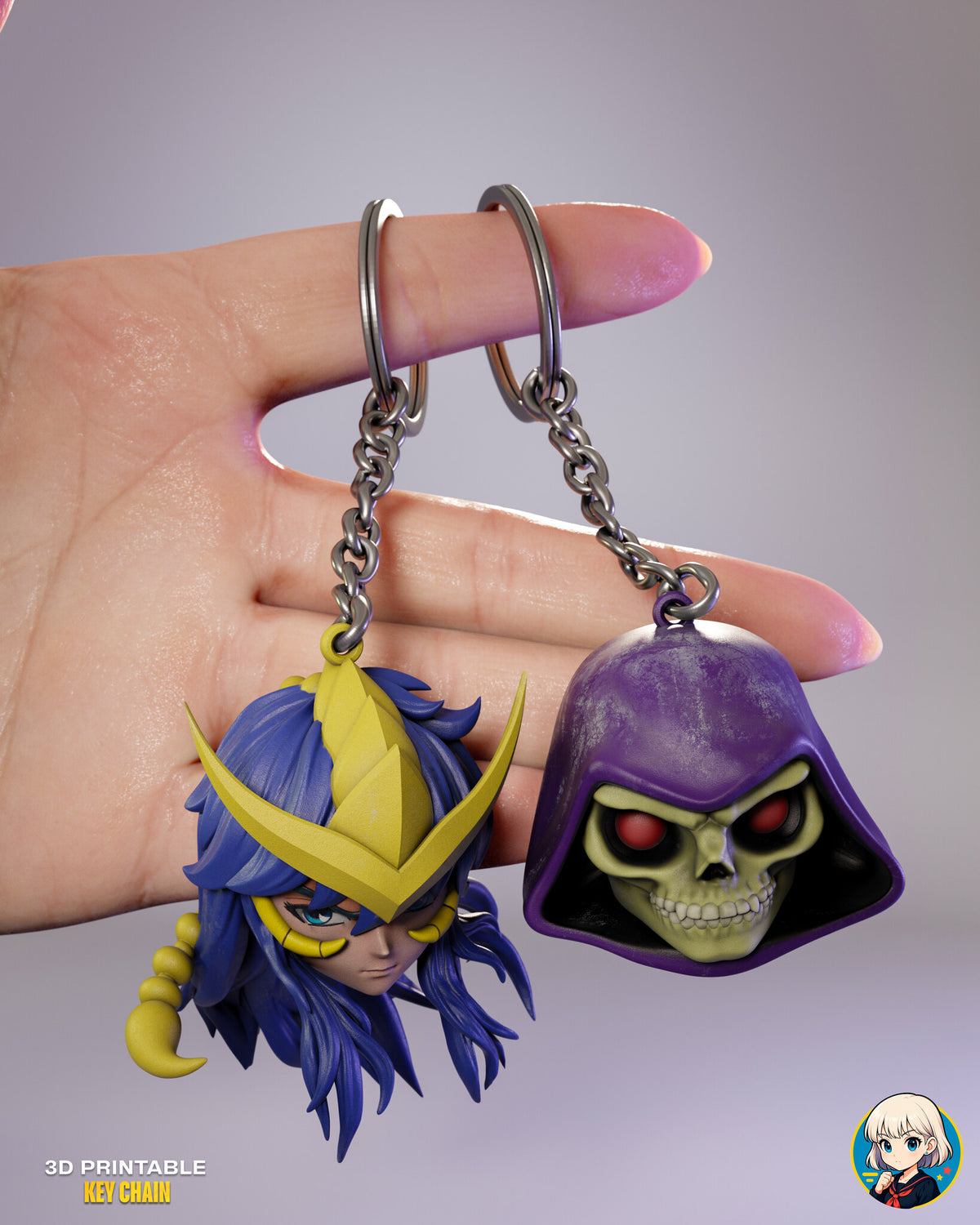 Sculptor's render (kit ships unpainted, rings and chains not included): a hand holding the horned helmet warrior and the hooded grinning skull