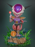 Sculptor's render of the painted design (kit ships unpainted): front view of the whole scene, the horned alien with an energy ball on one raised finger, standing on a mossy rock ringed by green water splashes and round-crowned trees, an orange star ball at his feet