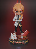 Sculptor's render of the painted design (kit ships unpainted): front view of the horned chibi girl in red glasses, white shirt and black tie on the round plank-deck base, with a red hammer behind her and a white cat at her feet