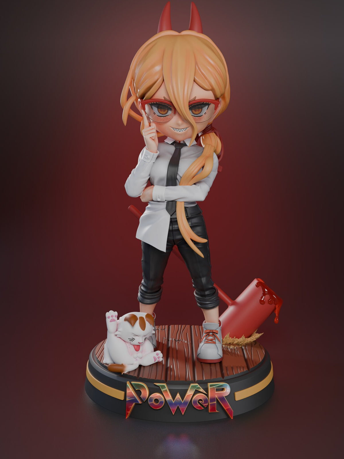 Sculptor's render of the painted design (kit ships unpainted): front view of the horned chibi girl in red glasses, white shirt and black tie on the round plank-deck base, with a red hammer behind her and a white cat at her feet