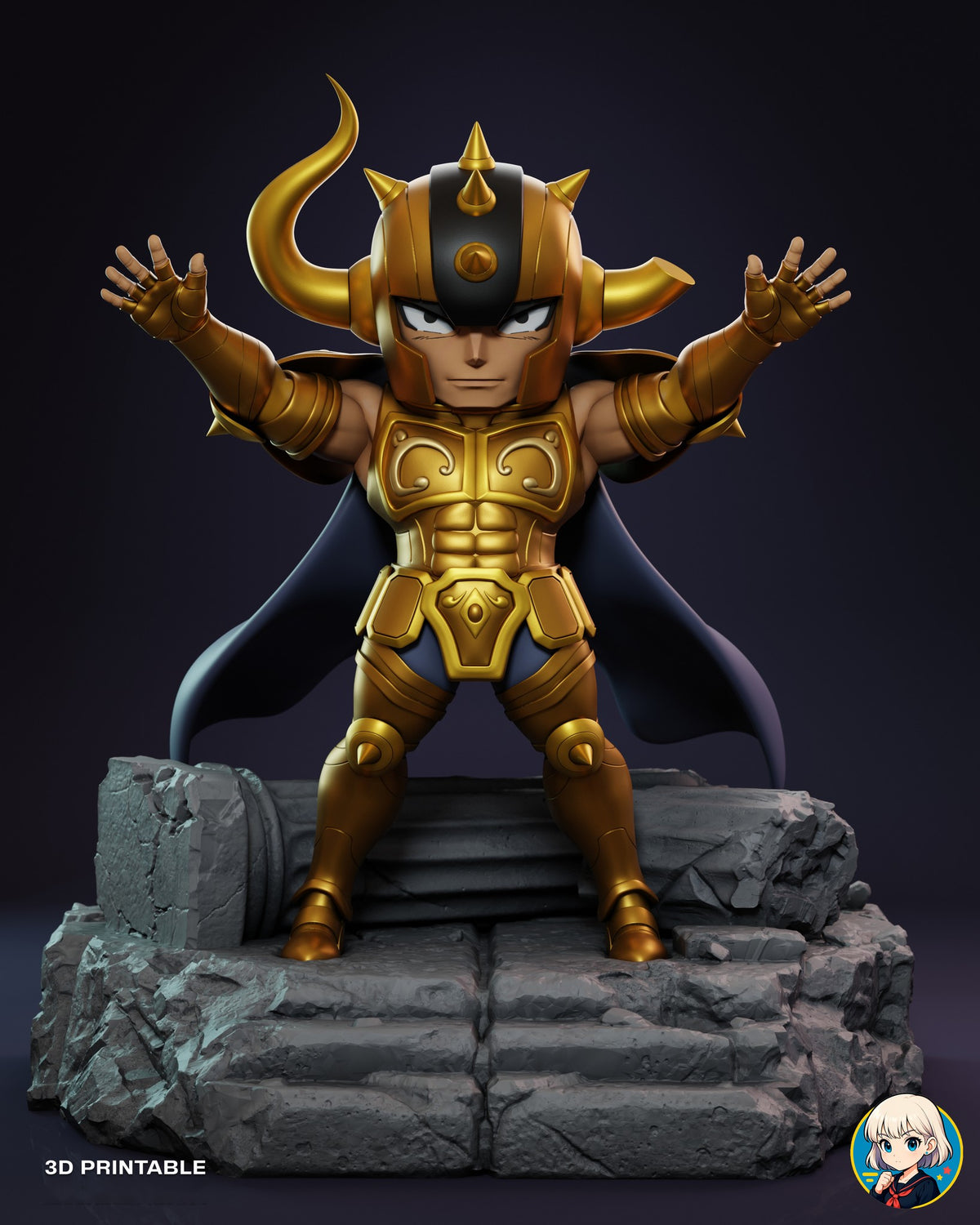 Sculptor's render of the painted design (kit ships unpainted): front view of the whole scene, the horned warrior in gold armor with his arms raised on the stepped stone ruin, a fallen column behind him